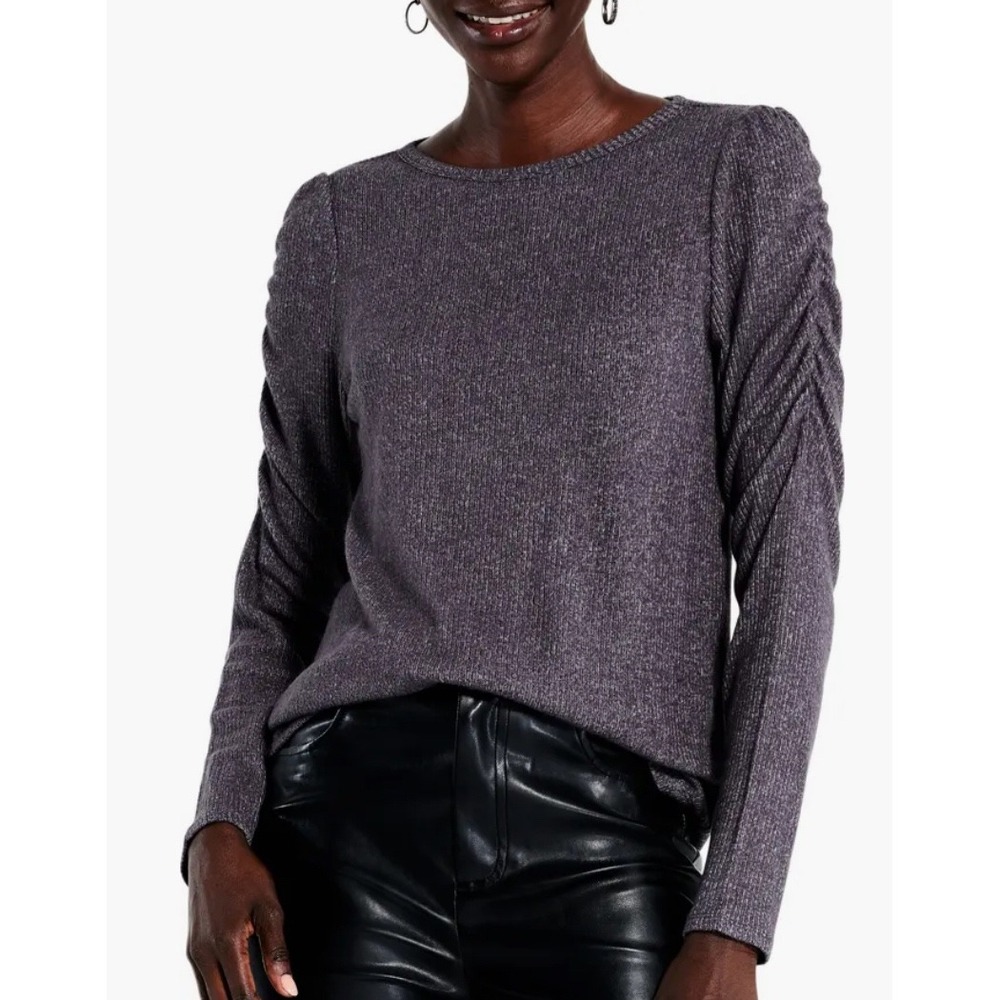 Nic + Zoe Women's XS Gray Long Sleeve Ruched Ribbed Knit Top Shirt Quiet Luxury